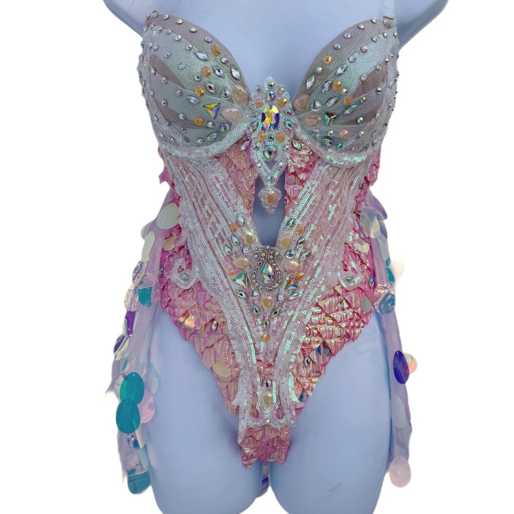 Iridescent Orange Dragon Scale Monokini Bodysuit Dress Dance Festival Costume - Picture 4 of 6